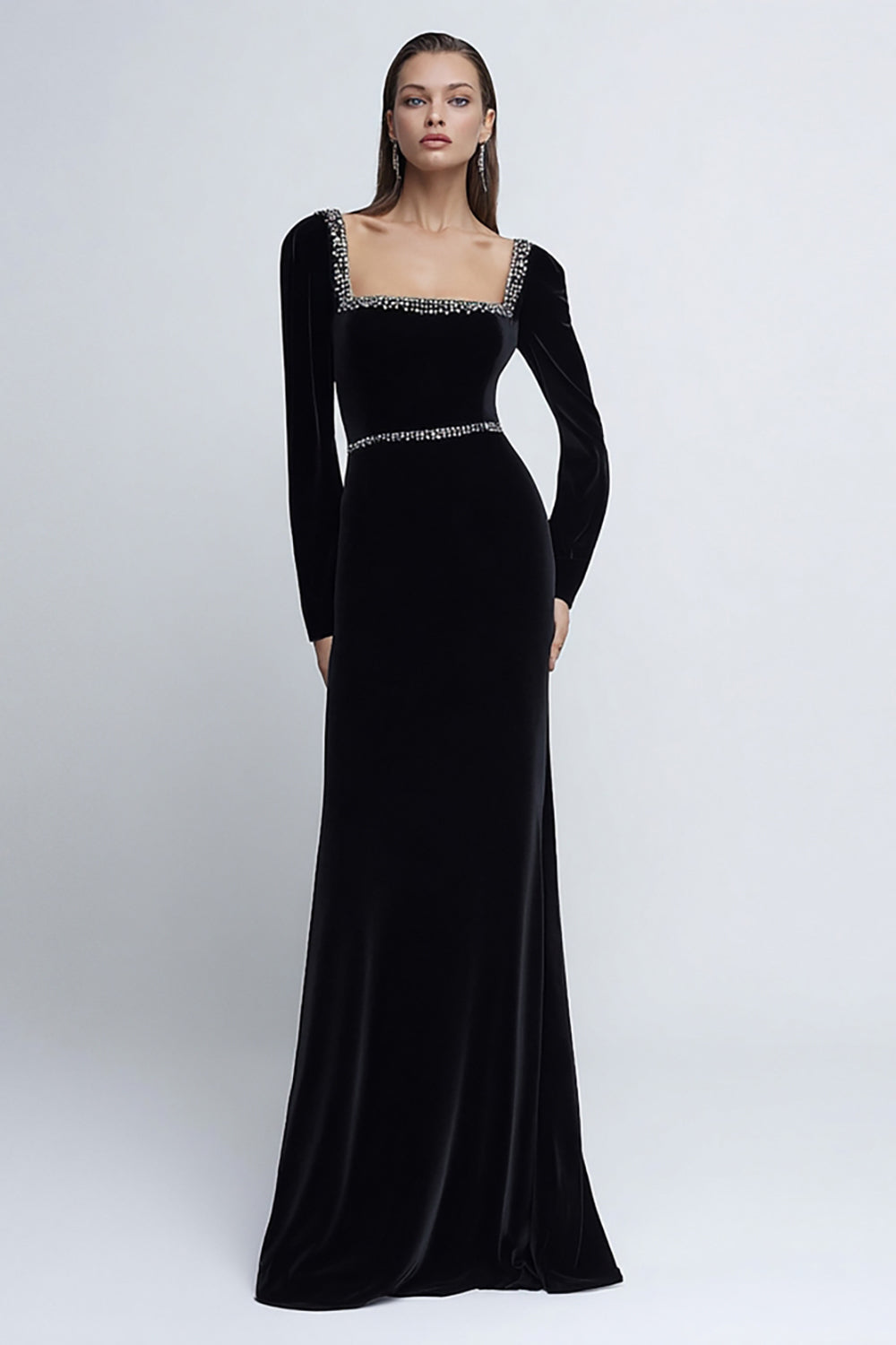Black Velvet Sheath Long Sleeves Formal Dress with Beading