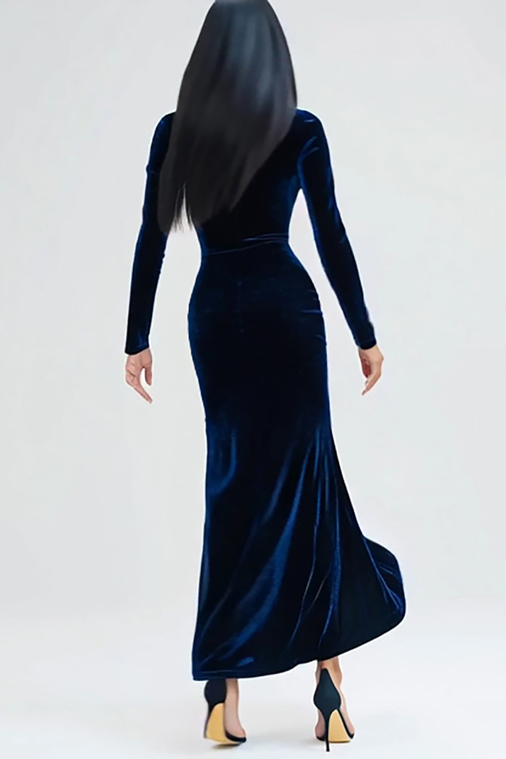 Navy Velvet Sheath Long Sleeves Holiday Party Dress with Slit