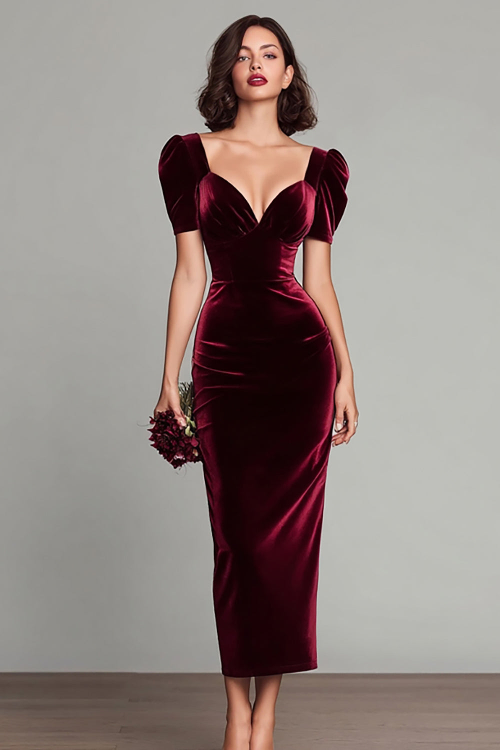 Sheath Burgundy V-Neck Velvet Midi Formal Dress