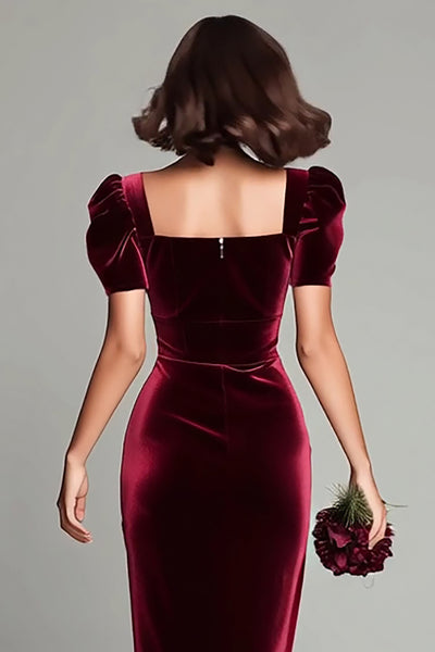 Zapaka Women Burgundy Sheath Formal Dress Velvet V-Neck Short Sleeves Midi Holiday Dress, Burgundy / US14