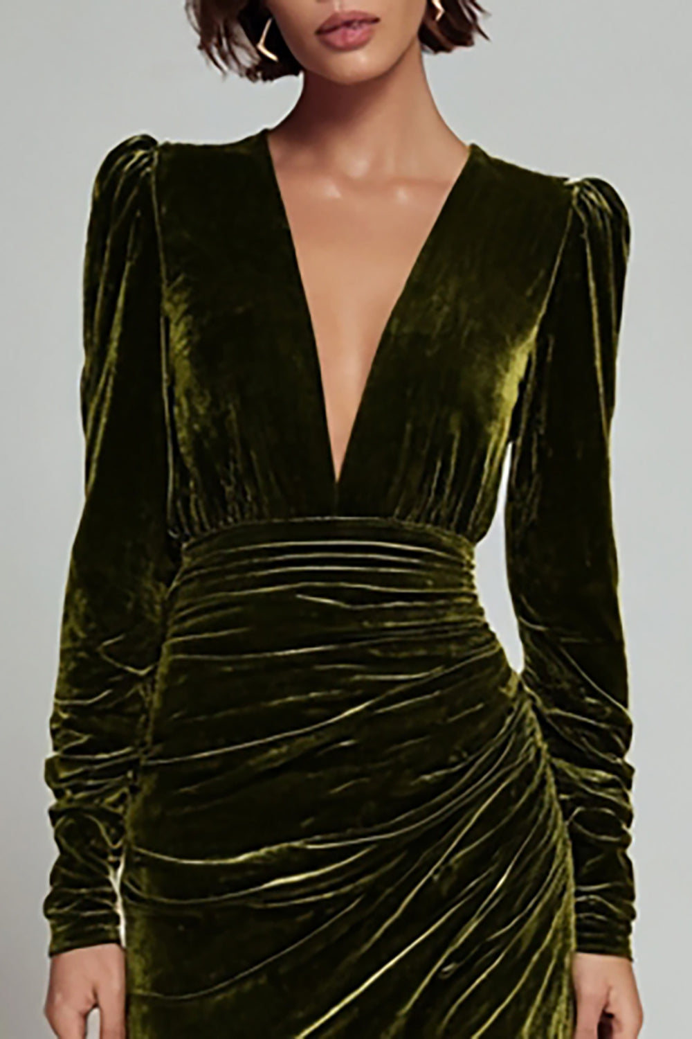 Olive Sheath V-Neck Ruched Velvet Long Formal Dress with slit