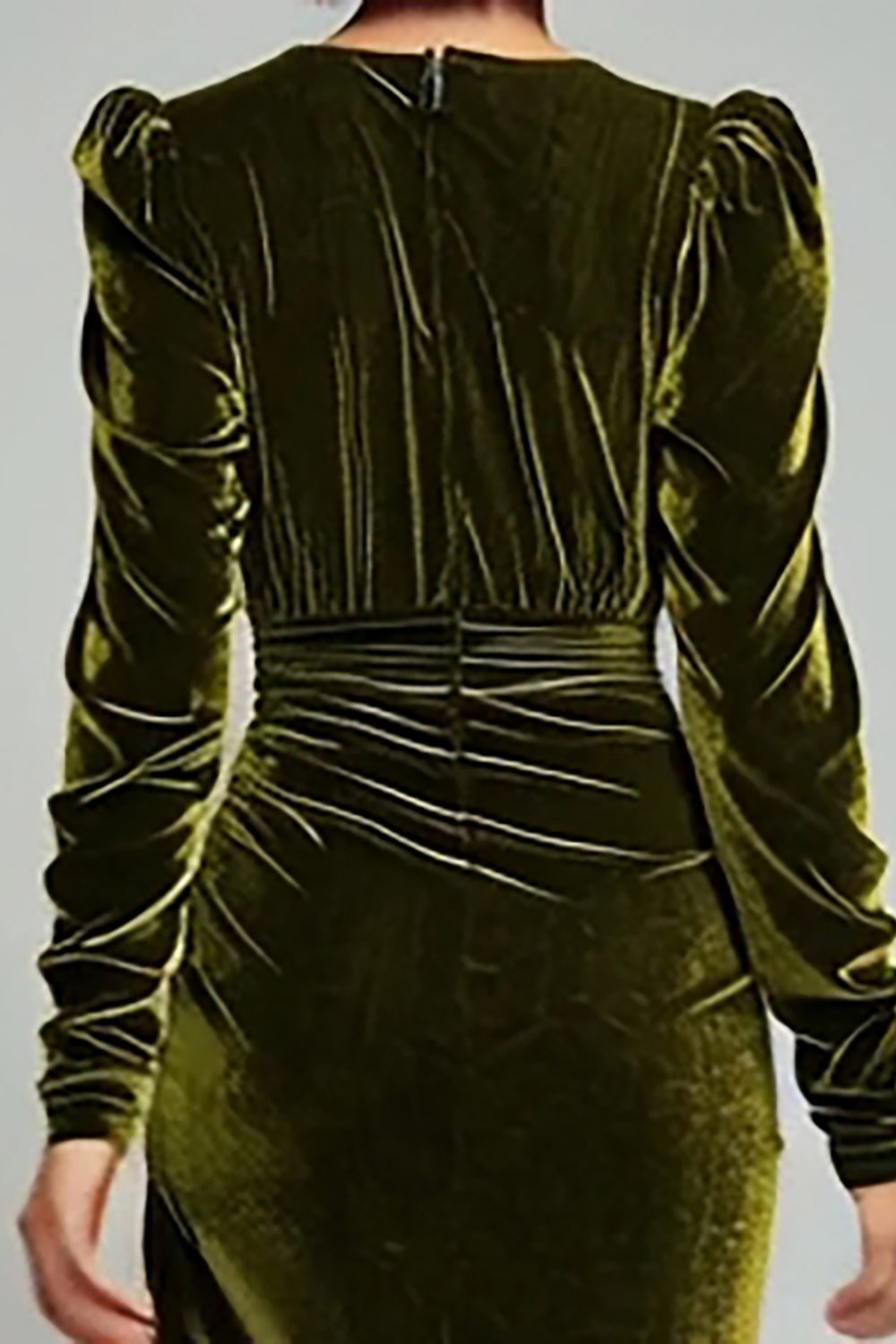 Olive Sheath V-Neck Ruched Velvet Long Formal Dress with slit