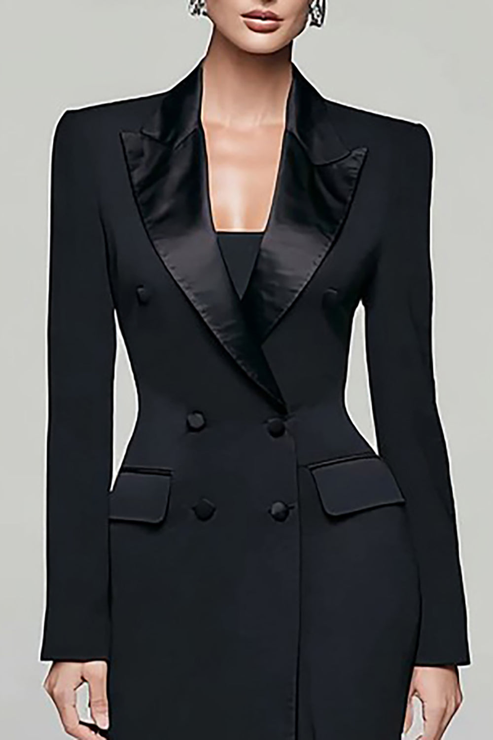 Black Peak Lapel Double Breasted Women's Blazer Dress with Slit