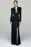 Black 2 Piece Peak Lapel Work Dress with Slit