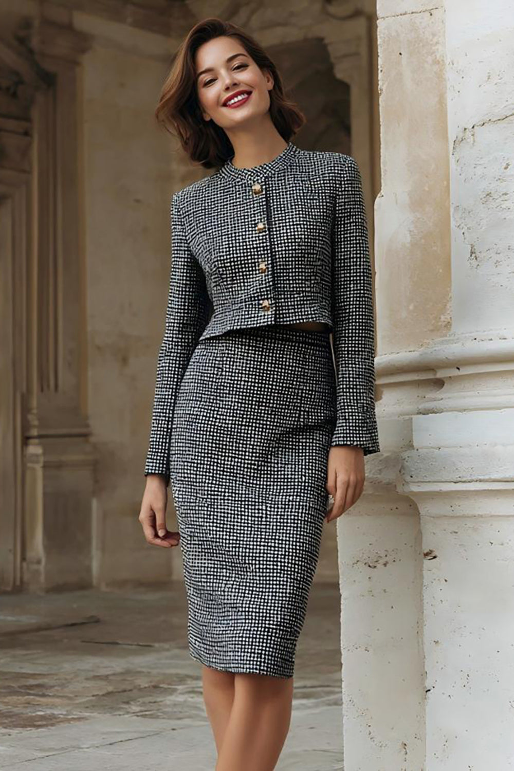 2 Piece Grey Tweed Pencil Single Breasted Work Dress