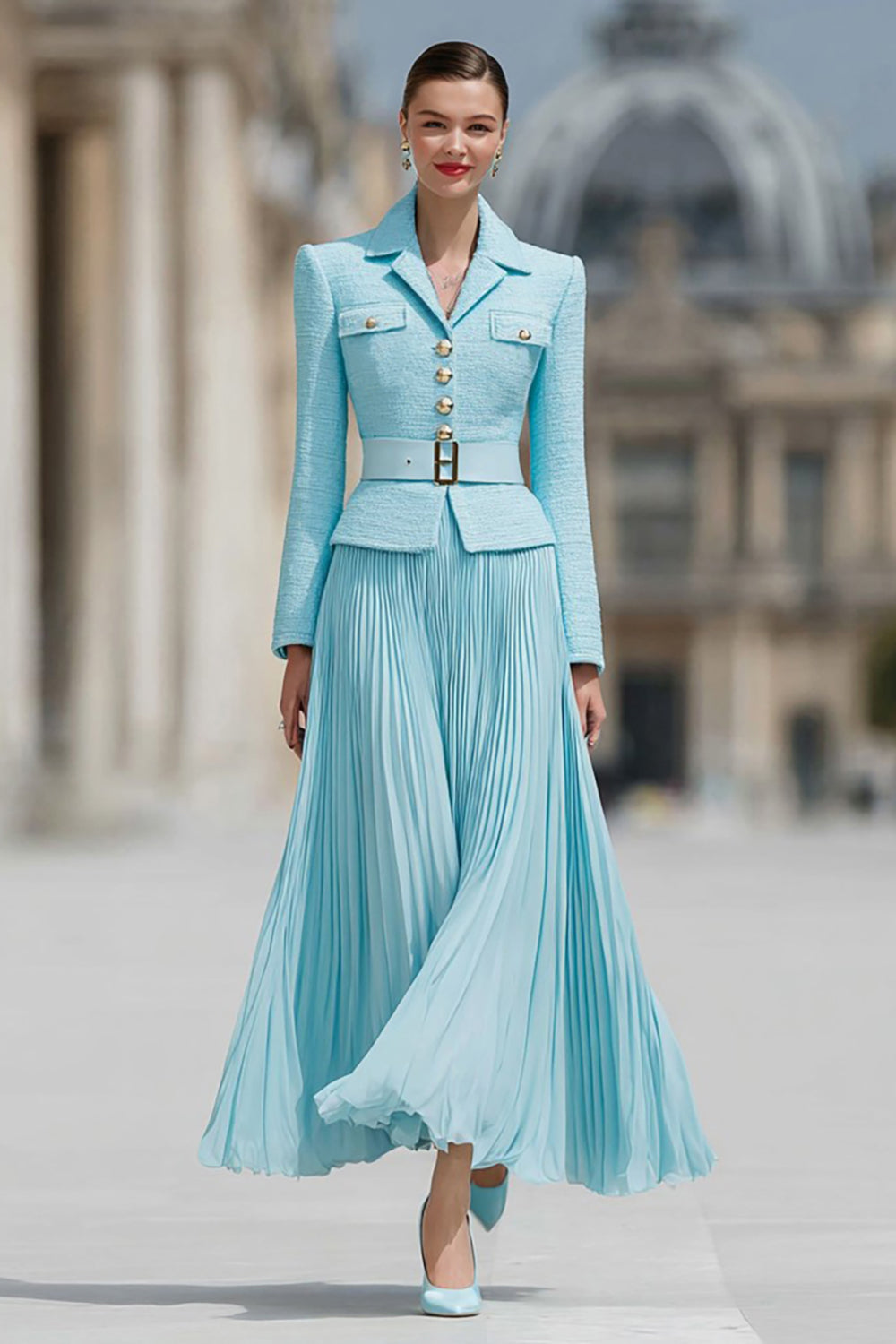 Light Blue 2 Piece A Line Notched Lapel Pleated Work Dress