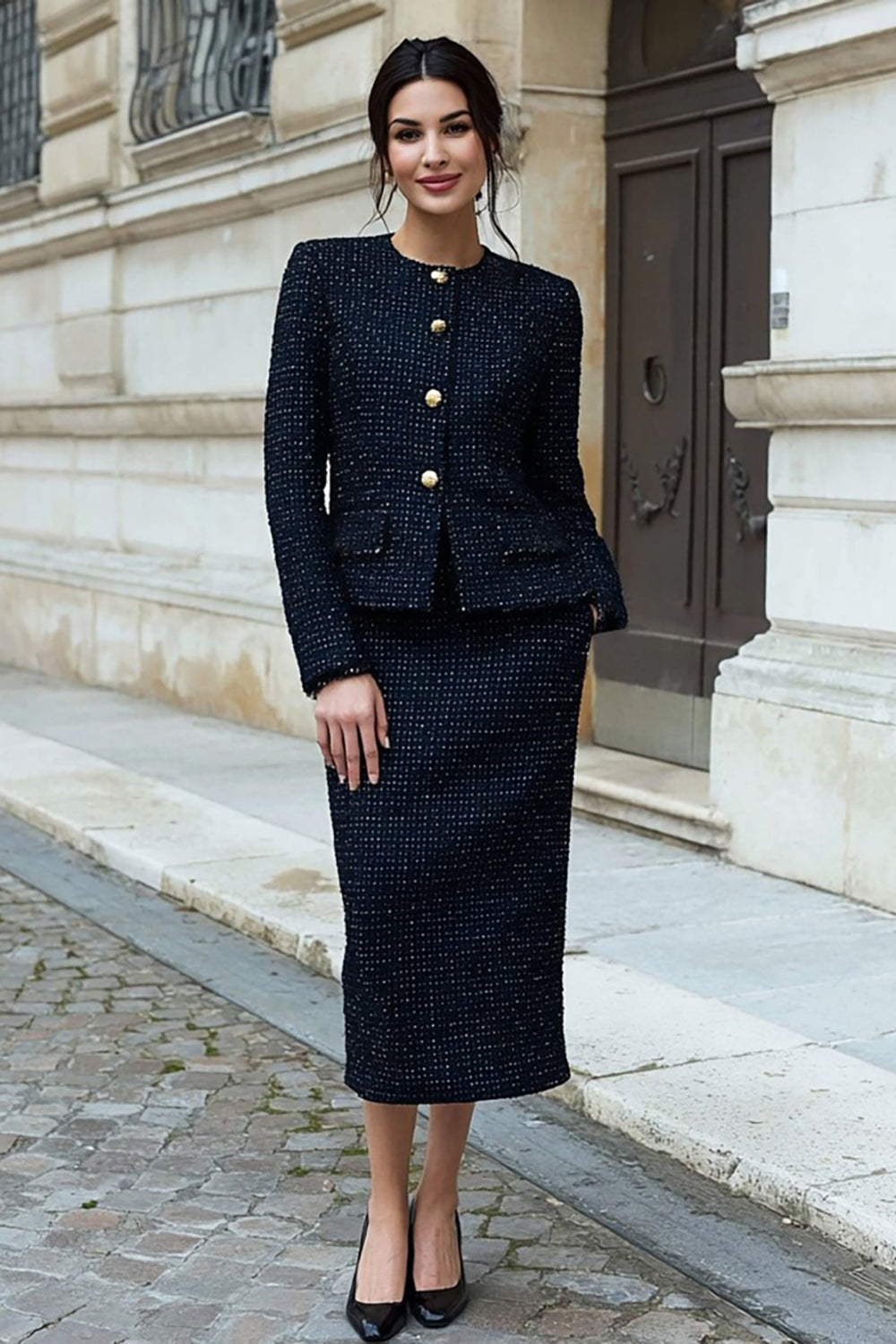 Black Tweed 2 Piece Pencil Long Sleeves Midi Work Dress