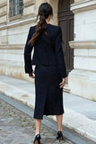 Black Tweed 2 Piece Pencil Long Sleeves Midi Work Dress