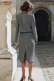 Grey Mix 2 Piece Tweed Pencil Single Breasted Midi Work Dress