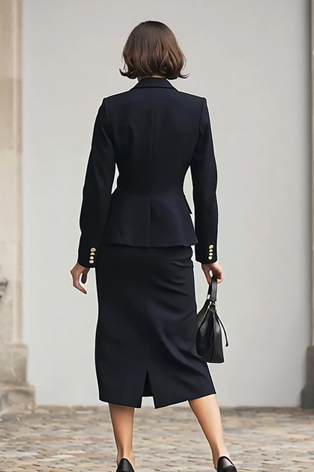 Black 2 Piece Notched Lapel Pencil Midi Work Dress