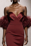Burgundy Sweetheart Satin Mermaid Long Pageant Dress with Feathers