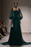 Dark Green Square Neck Mermaid Long Pageant Dress with Sleeves