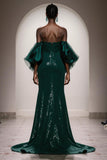 Sparkly Dark Green Strapless Sequin Mermaid Long Pageant Dress with Sleeves