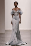 Mermaid Off the Shoulder Ruffles Silver Sequin Pageant Dress