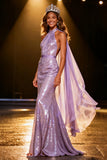 Light Purple Mermaid Halter Sequin Long Pageant Dress with Cape