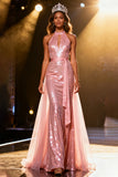 Sparkly Light Pink Mermaid Sequin Halter Long Pageant Dress with Sash