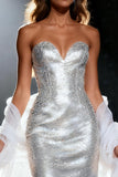 Sparkly Silver Mermaid Sequin Sweetheart Long Pageant Dress with Shawl
