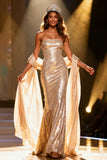 Sparkly Champagne Sequins Mermaid Strapless Long Pageant Dress with Shawl
