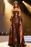 Sparkly Coffee Sequin Mermaid Strapless Long Pageant Dress with Shawl