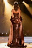 Sparkly Coffee Sequin Mermaid Strapless Long Pageant Dress with Shawl