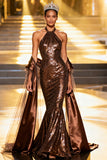 Sparkly Coffee Sequin Halter Long Pageant Dress with Shawl