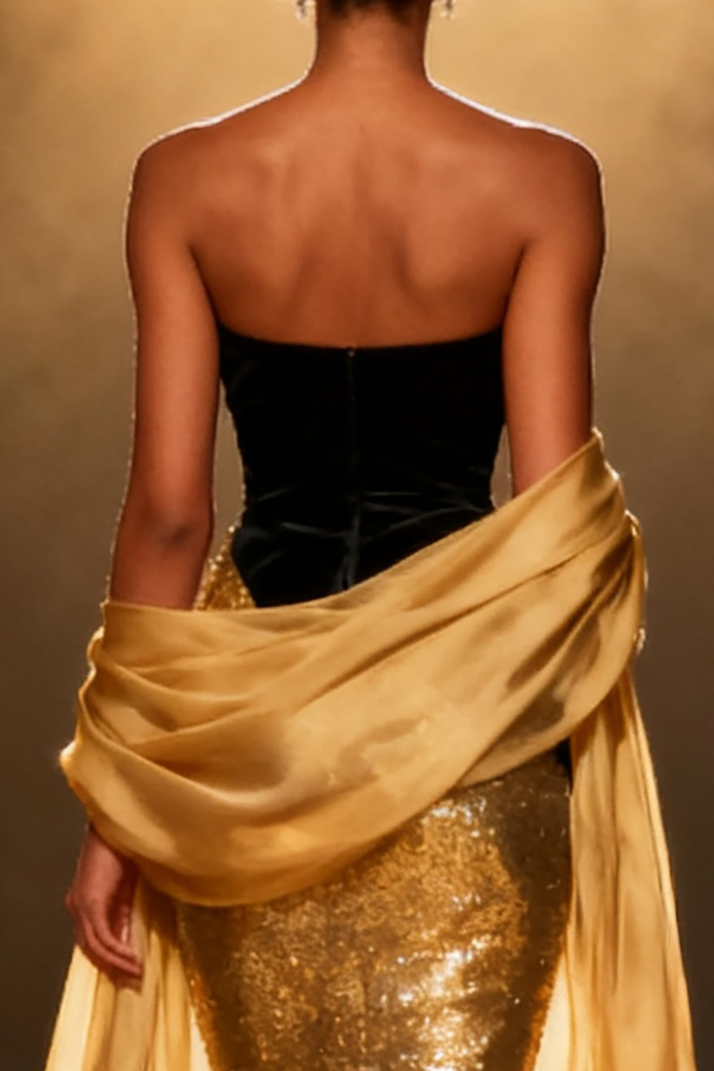 Sparkly Black and Gold Mermaid Sequin Long Pageant Dress with Shawl