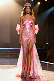 Sparkly Light Pink Sequin Strapless Long Pageant Dress with Slit