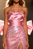 Sparkly Light Pink Sequin Strapless Long Pageant Dress with Slit