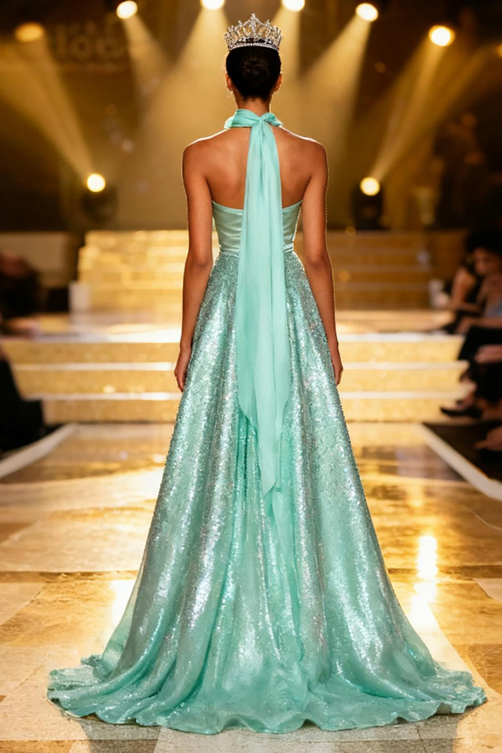 Sparkly Mint Green A Line Neck Scarf Sequin Long Pageant Dress