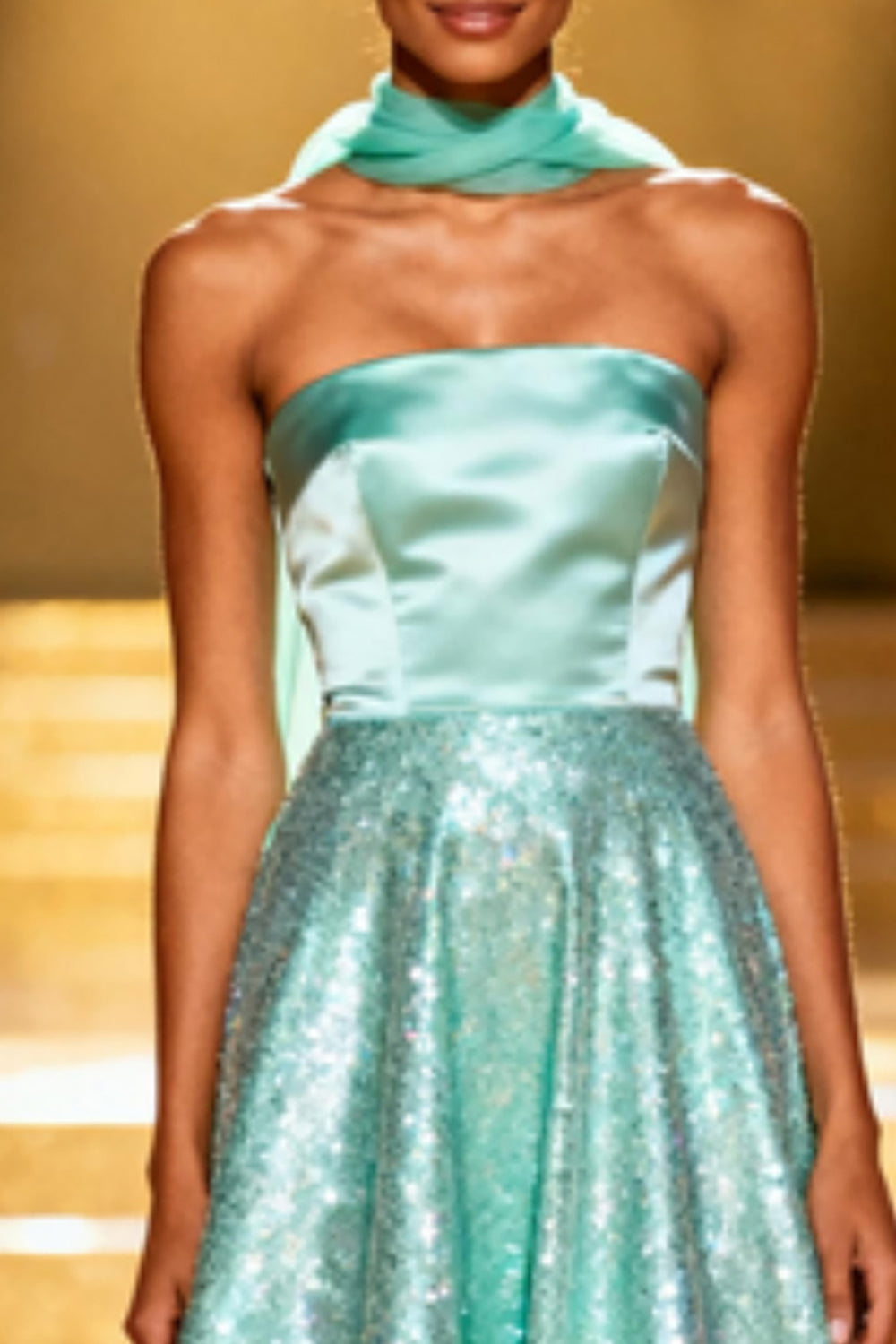 Sparkly Mint Green A Line Neck Scarf Sequin Long Pageant Dress
