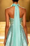 Sparkly Mint Green A Line Neck Scarf Sequin Long Pageant Dress
