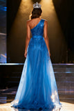 Sparkly Royal Blue Sequin Mermaid Long Pageant Dress with Cape