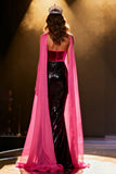 Sparkly Black and Pink Neck Scarf Sequin Long Pageant Dress with Slit