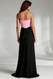 Black and Pink Strapless Ruched Sheath Long Formal Dress
