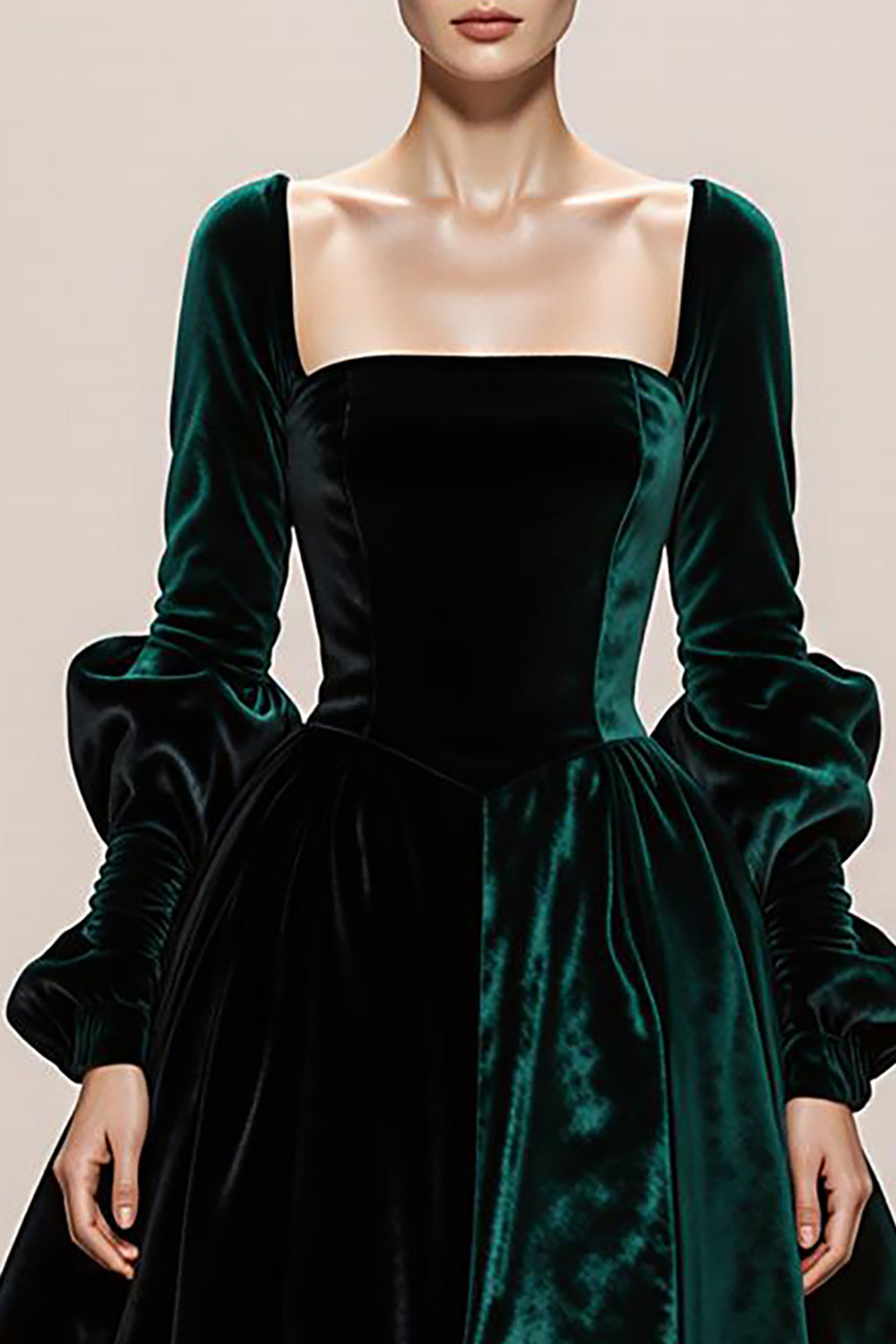 Dark Green Velvet Square Neck A-Line Long Formal Dress with Long Sleeves