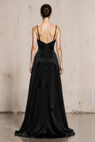 Black White Spaghetti Straps A Line Satin Long Formal Dress