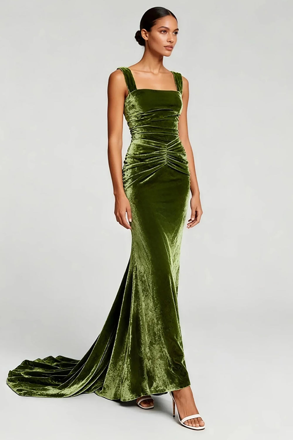 Square Neck Velvet Mermaid Pleated Long Formal Dress