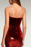 Saprkly Burgundy Strapless Sequins Long Formal Dress