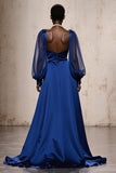 Royal Blue Satin A Line Ruched Formal Dress with Long Sleeves