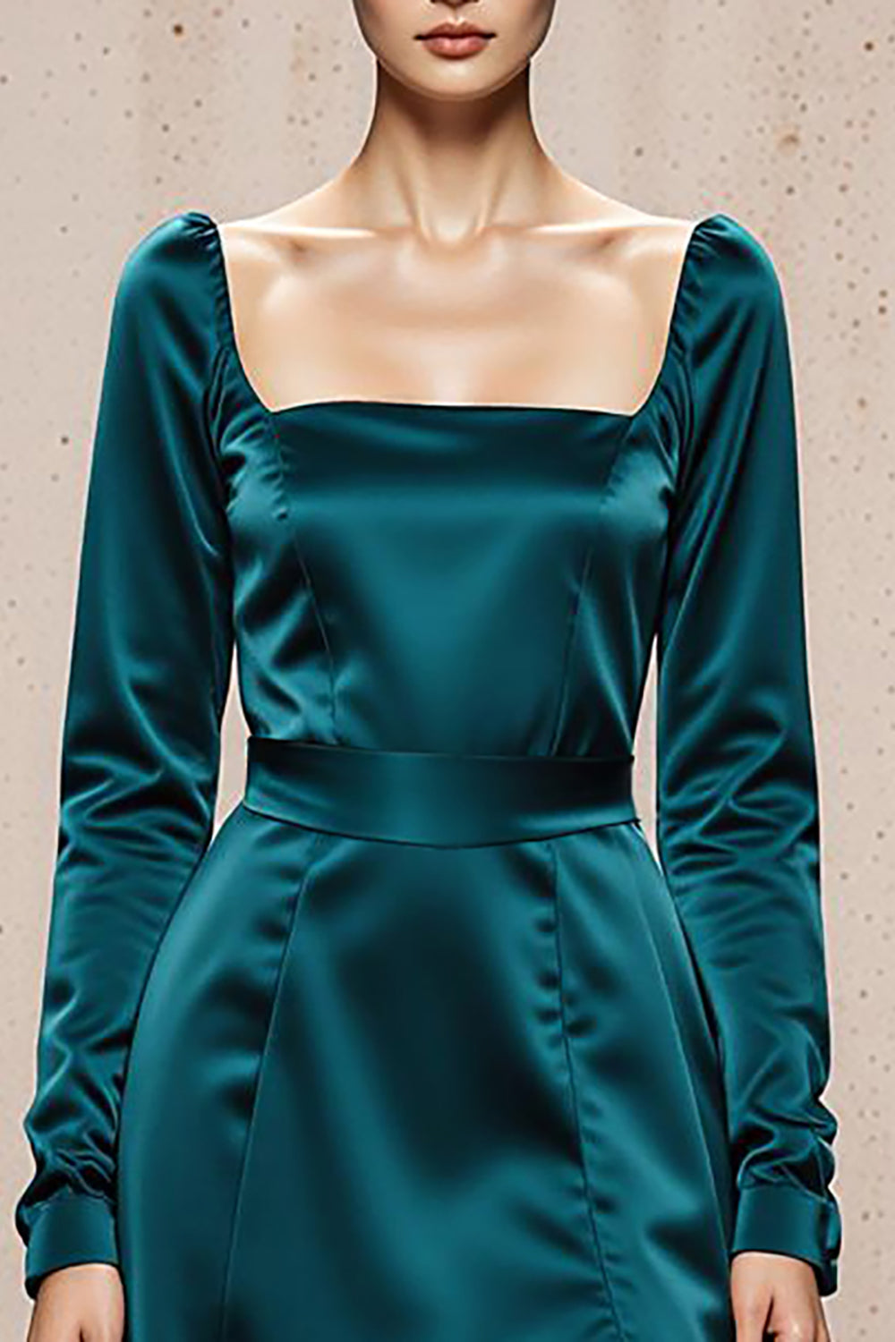 Peacock Blue A Line Square Neck Long Formal Dress with Slit