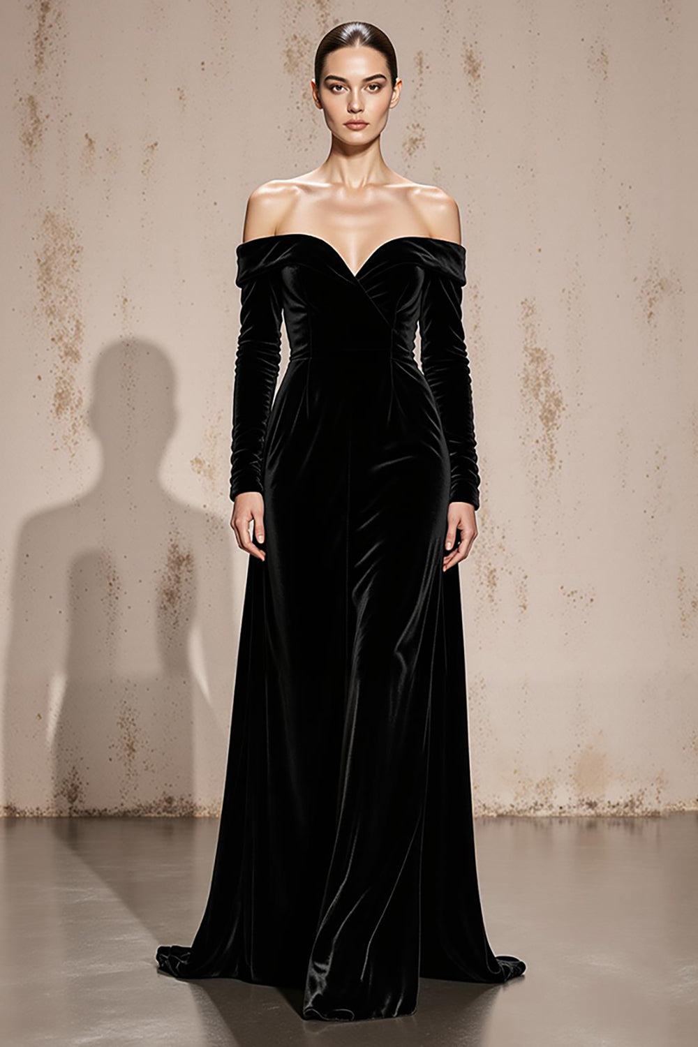 Black Off the Shoulder Velvet Long Sleeve Formal Dress