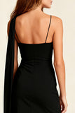 Tight Spaghetti Straps Little Black Dress with Side Cape
