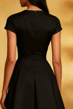 A Line Round Neck Midi Black Dress with Short Sleeves