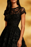 A Line Round Neck Open Back Lace Little Black Dress