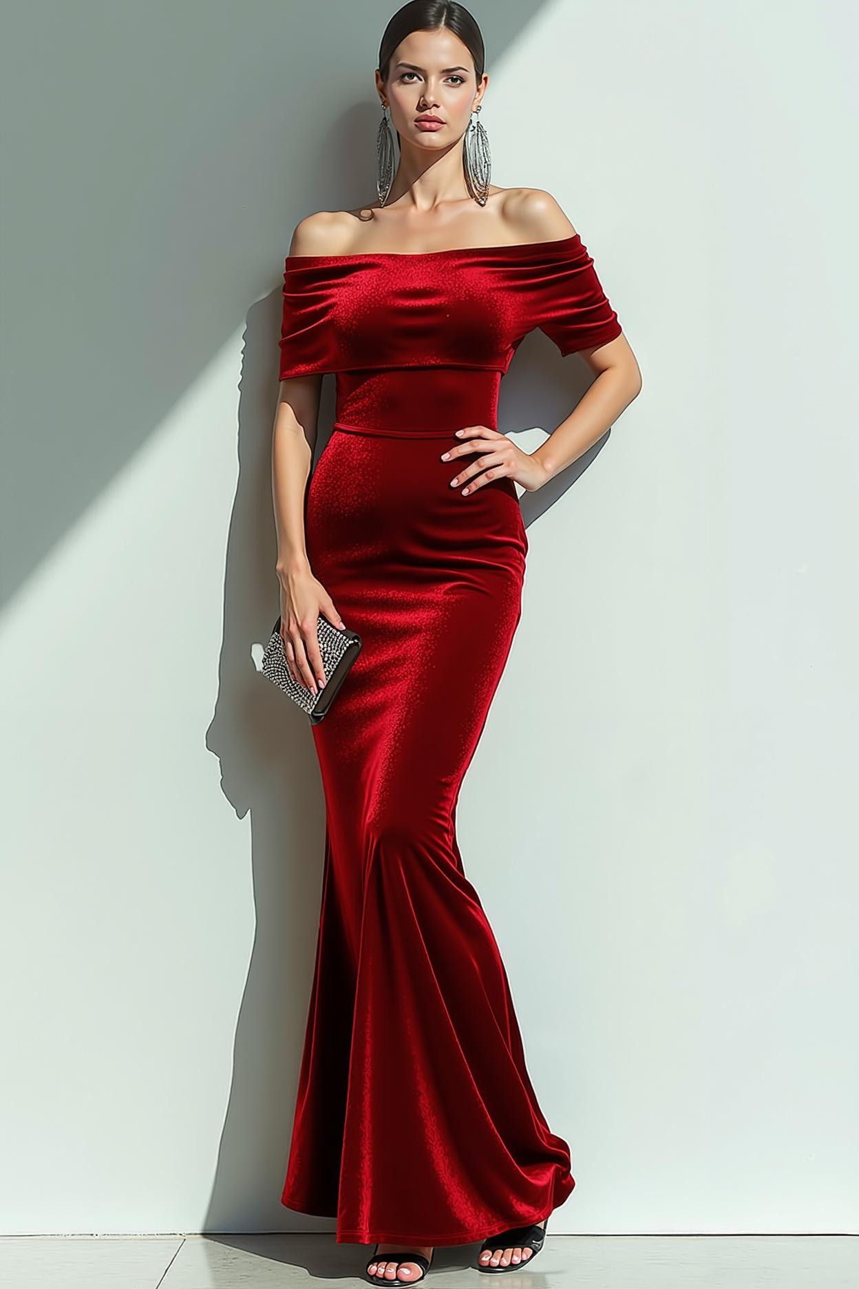 Navy Mermaid Velvet Off the Shoulder Maxi Evening Dress