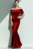Navy Mermaid Velvet Off the Shoulder Maxi Evening Dress