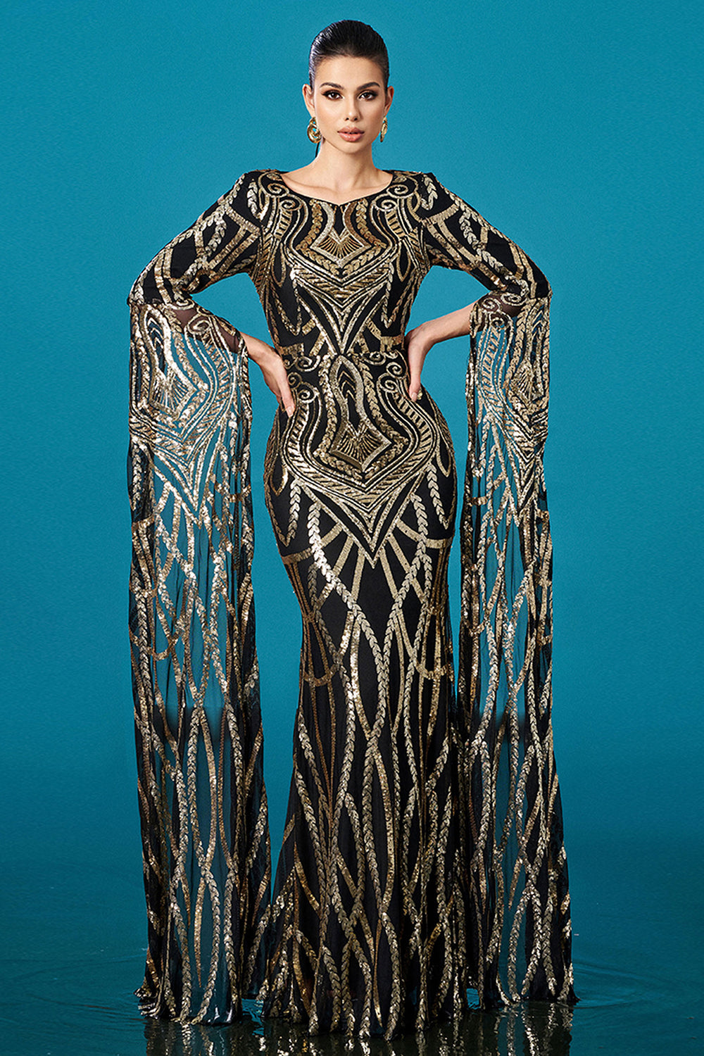Black Golden Mermaid Long Sleeves Sequin Formal Dress