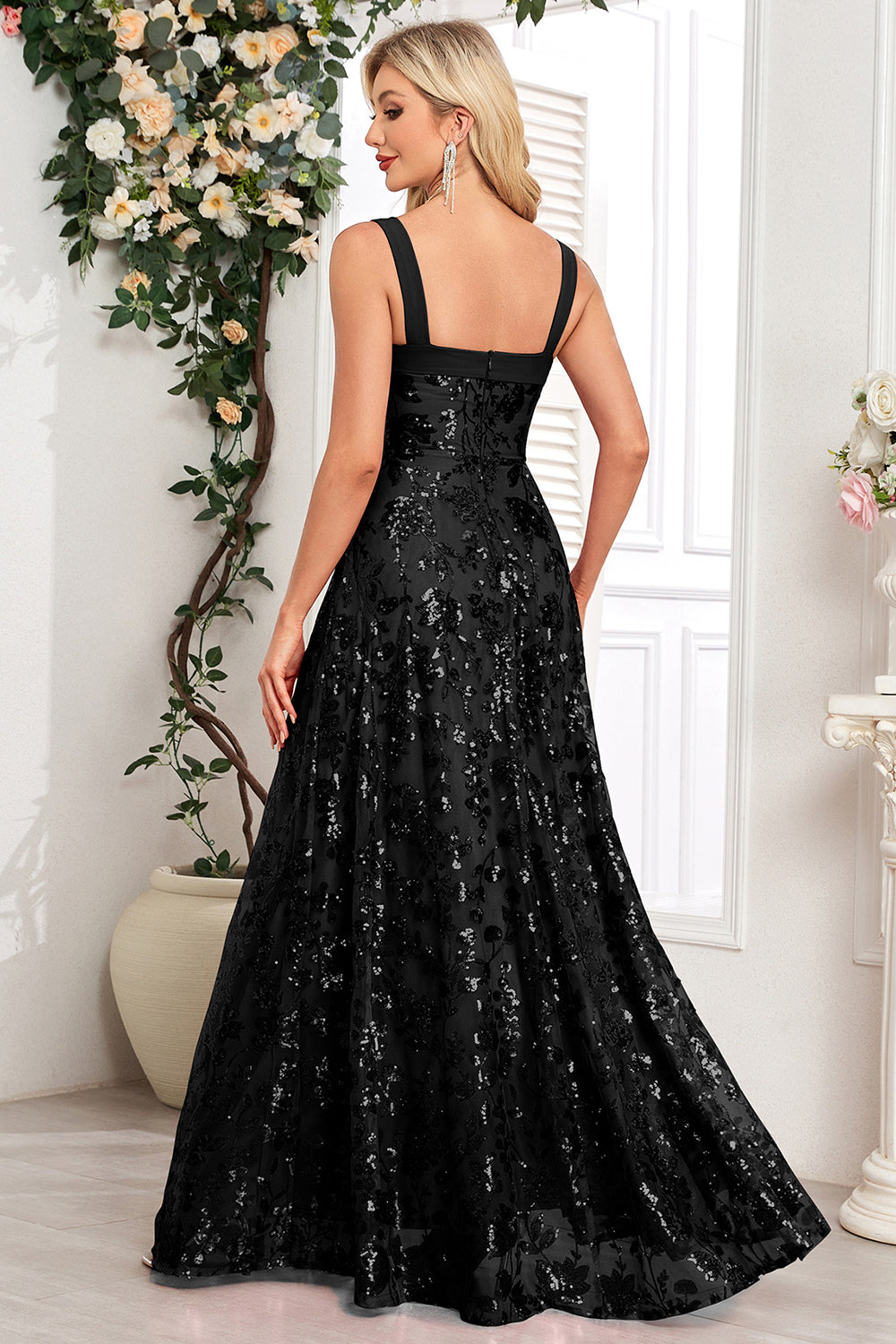 Blush A Line Thick Straps Floral Long Prom Dress with Slit