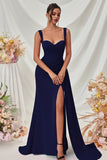 Maxi Thick Straps Mermaid Black Prom Dress with Slit