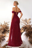 Sparkly Burgundy Corset Off the Shoulder Long Prom Dress with Slit